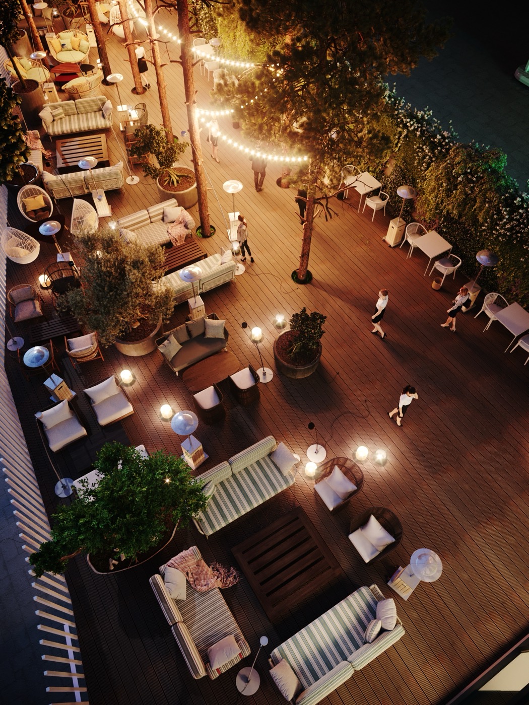 The planted courtyard at dusk